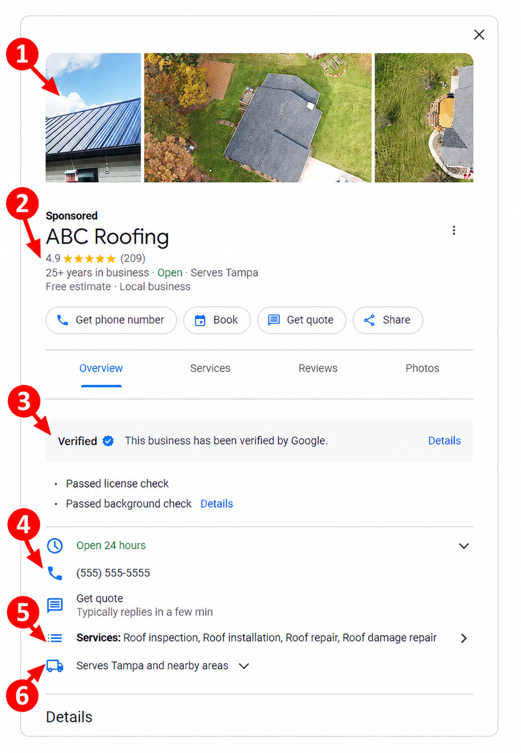Annotated Local Services Ads profile showing where six account areas move after migration to Google Ads
